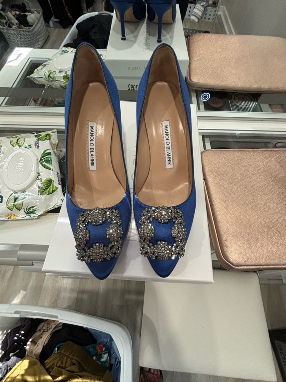 Manolo Blahnik Royal Blue Satin Crystal-Buckle Pointed Pumps